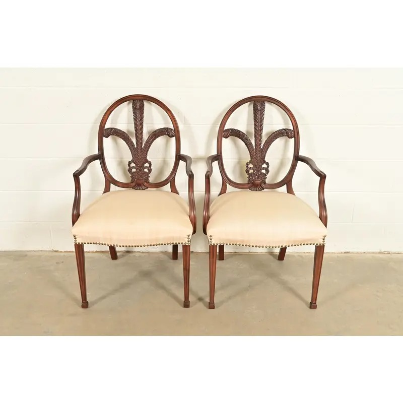 Romweber Antique French Regency Louis XVI Carved Mahogany Armchairs or Dining Chairs, Pair - Image 2