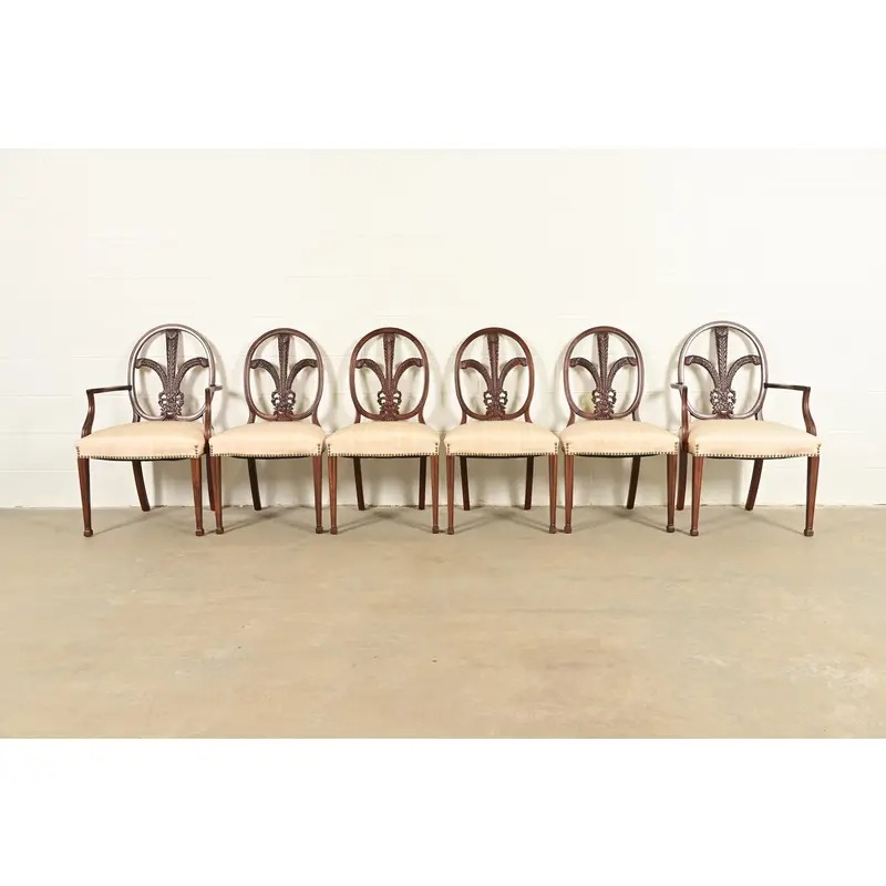 Romweber Antique French Regency Louis XVI Carved Mahogany Dining Chairs, Set of Six - Image 2