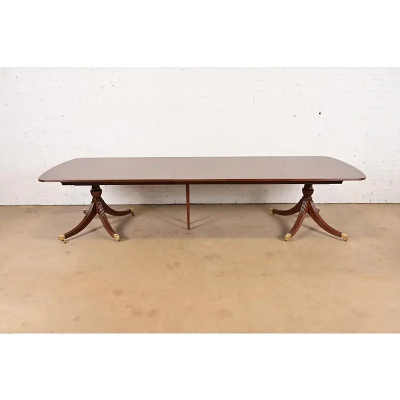 Smith & Watson Georgian Banded Cherry and Burl Wood Double Pedestal Extension Dining Table, Newly Refinished - Image 2