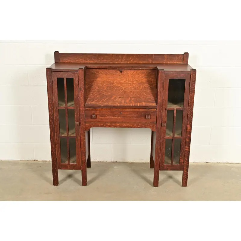 Stickley Brothers Style Antique Mission Oak Arts & Crafts Double Bookcase With Drop Front Secretary Desk, Circa 1910 - Image 2