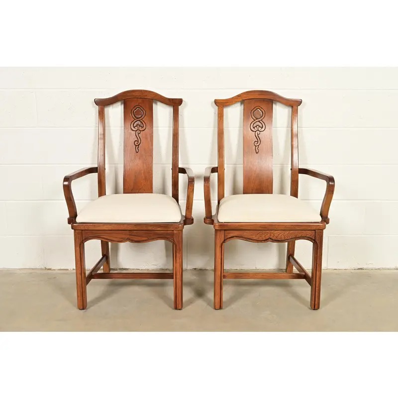 Thomasville Mid-Century Hollywood Regency Chinoiserie Carved Walnut Armchairs, Pair - Image 2