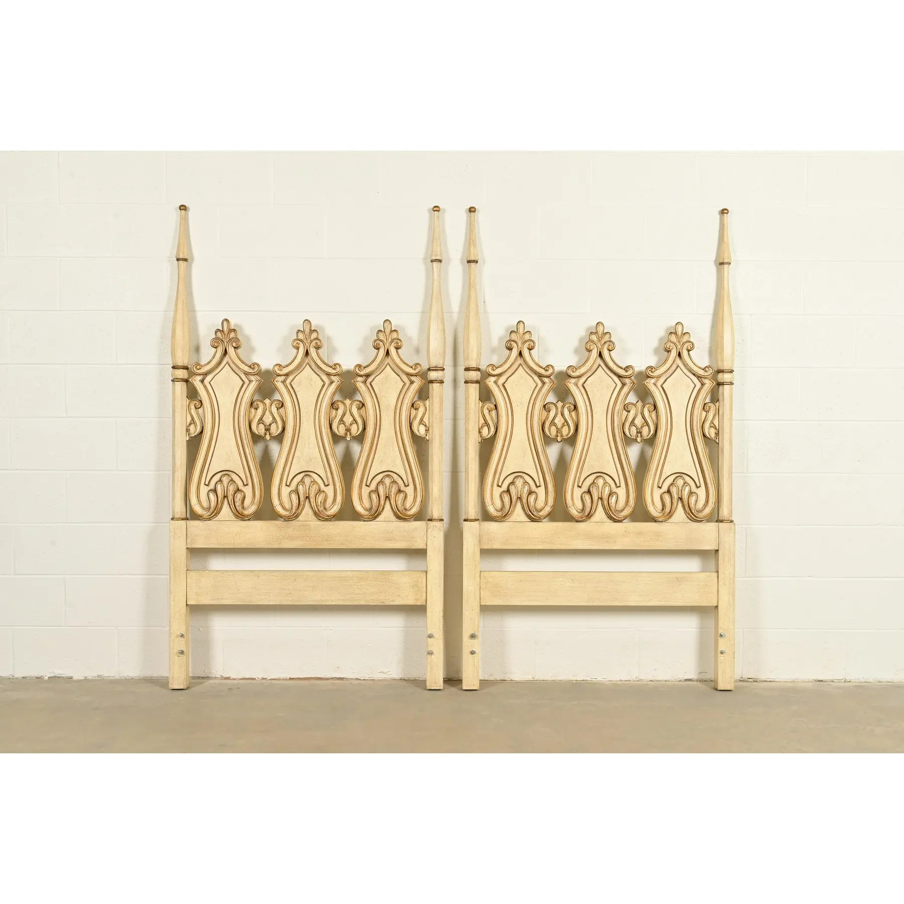 Romweber Hollywood Regency French Rococo Cream Lacquered and Parcel Gilt Twin Size Headboards, Pair - Image 2