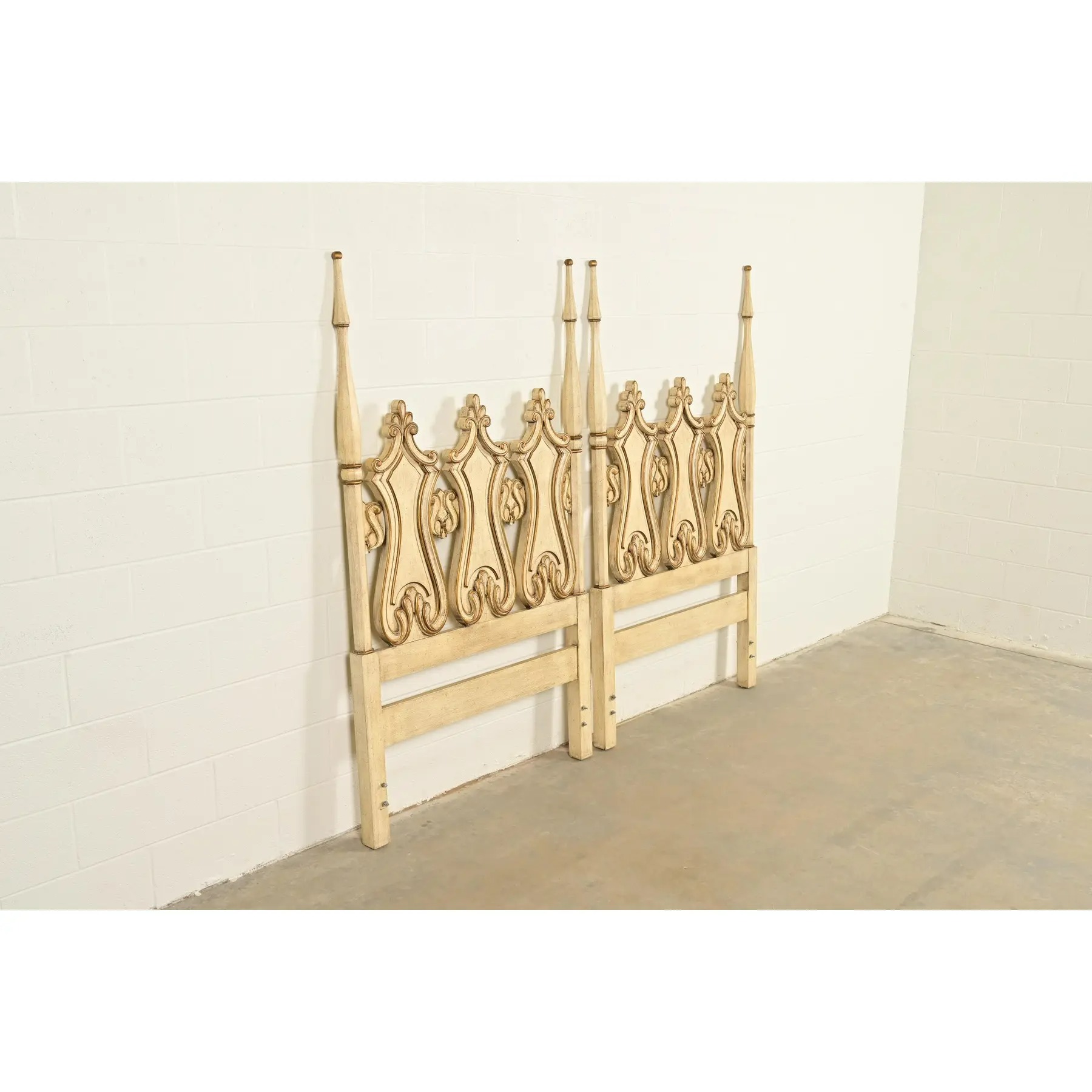 Romweber Hollywood Regency French Rococo Cream Lacquered and Parcel Gilt Twin Size Headboards, Pair - Image 3