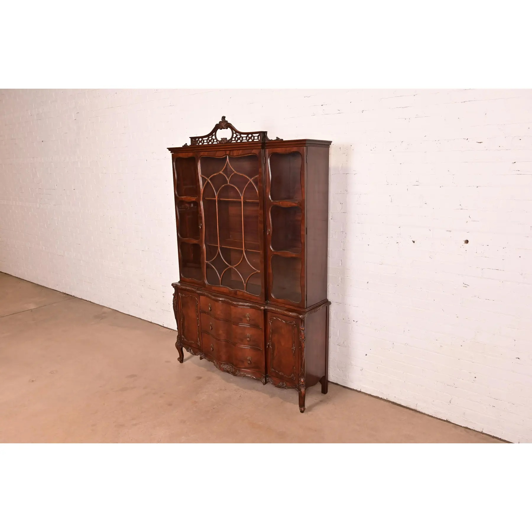 Romweber Antique French Provincial Louis XV Carved Mahogany Breakfront Bookcase Cabinet, Circa 1920s - Image 3