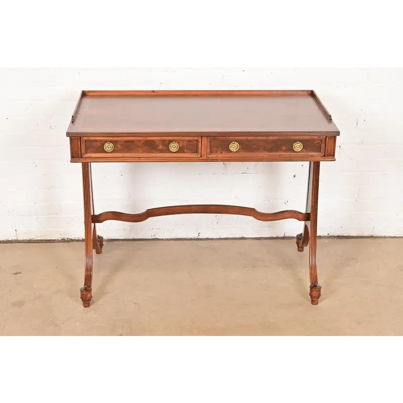 Baker Furniture English Regency Burled Walnut Writing Desk or Console Table, Newly Refinished - Image 3