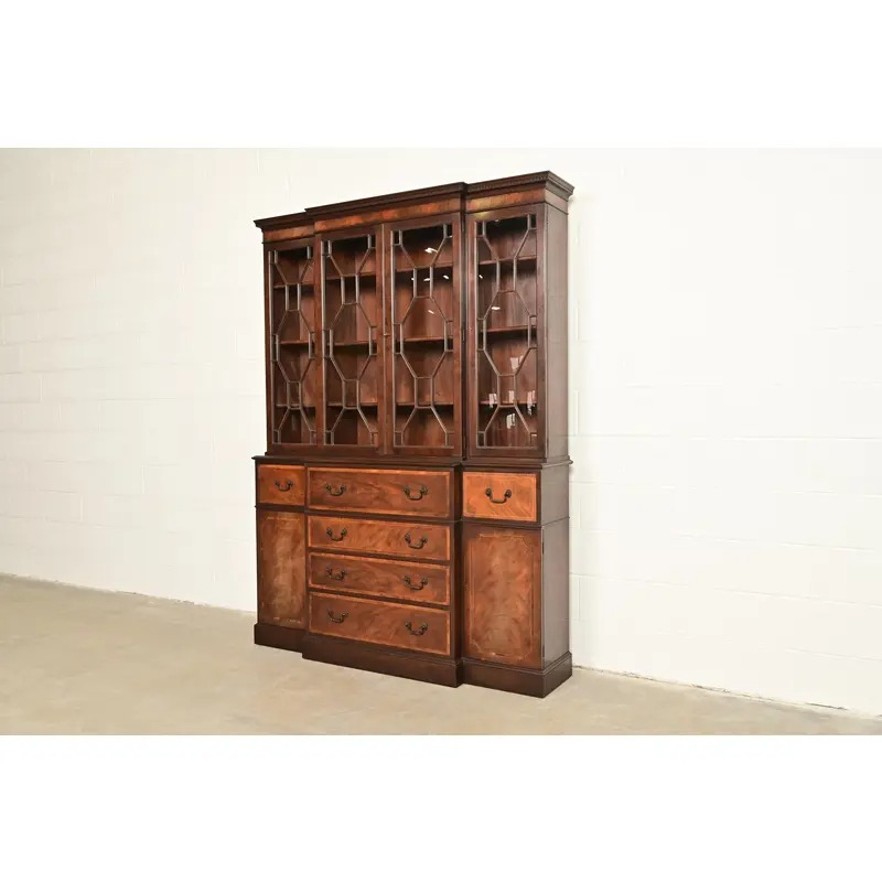 Baker Furniture Georgian Carved Mahogany Breakfront Bookcase Cabinet With Secretary Desk - Image 3