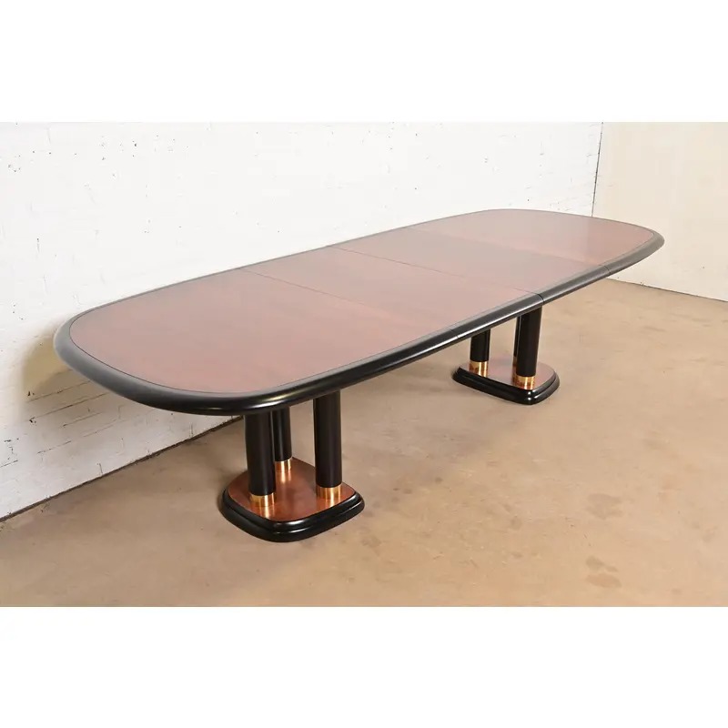 Drexel Heritage Modern Art Deco Walnut and Black Lacquered Double Pedestal Extension Dining Table, Newly Refinished - Image 3
