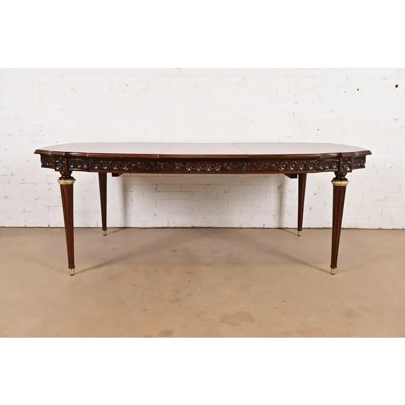 Henredon Style French Regency Louis XVI Carved Mahogany and Burl Wood Extension Dining Table, Newly Refinished - Image 3