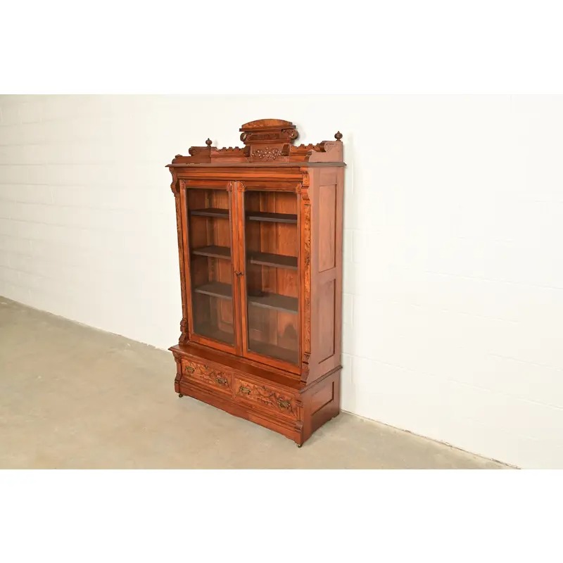 Herter Brothers Style Antique Eastlake Victorian Carved Burled Walnut Bookcase, Circa 1880s - Image 3