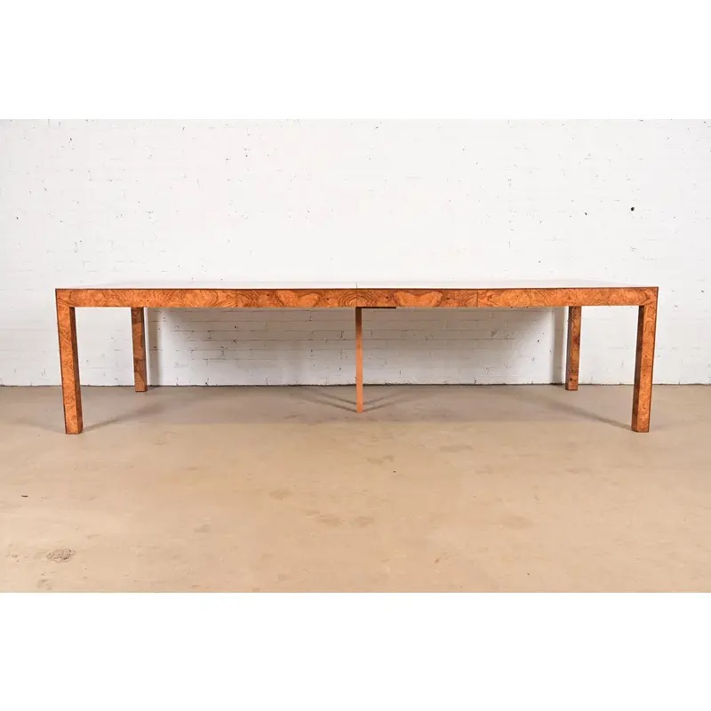 Milo Baughman Style Burl Wood Parsons Extension Dining Table, Newly Refinished - Image 3