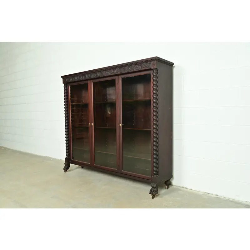 R. J. Horner Style American Empire Carved Mahogany Triple Bookcase With Lion Paw Feet, Circa 1890s - Image 3