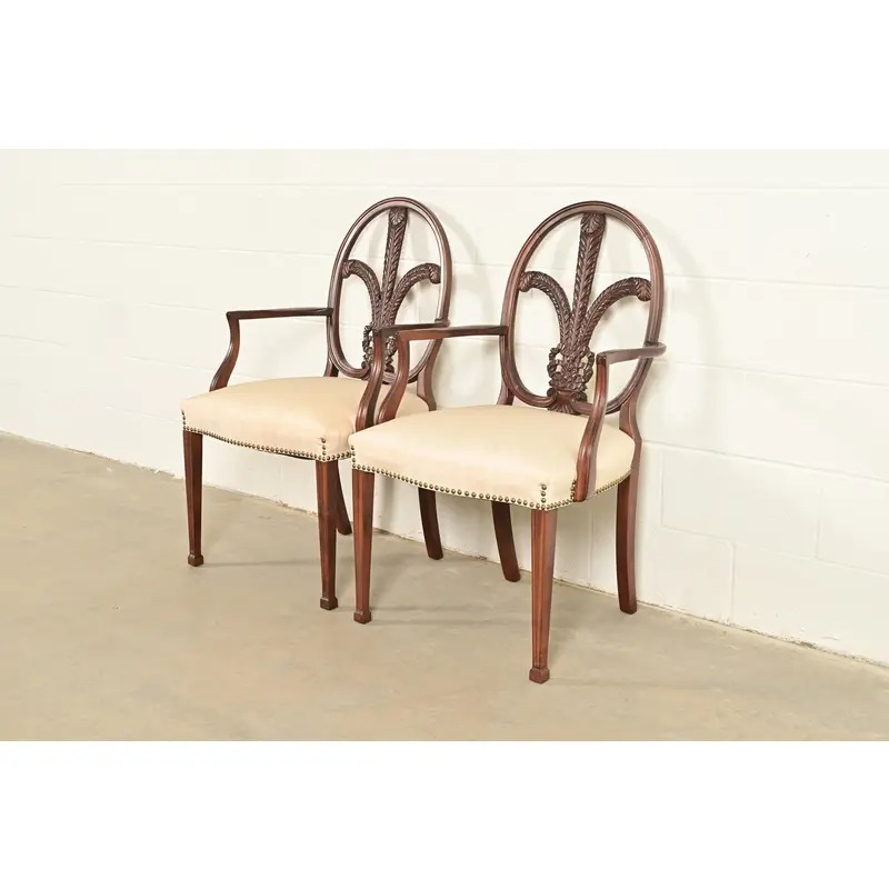 Romweber Antique French Regency Louis XVI Carved Mahogany Armchairs or Dining Chairs, Pair - Image 3