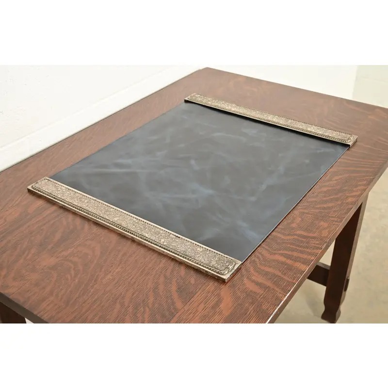 Roycroft Arts & Crafts Silver Finished Hammered Copper Blotter Ends With Leather Desk Blotter - Image 3