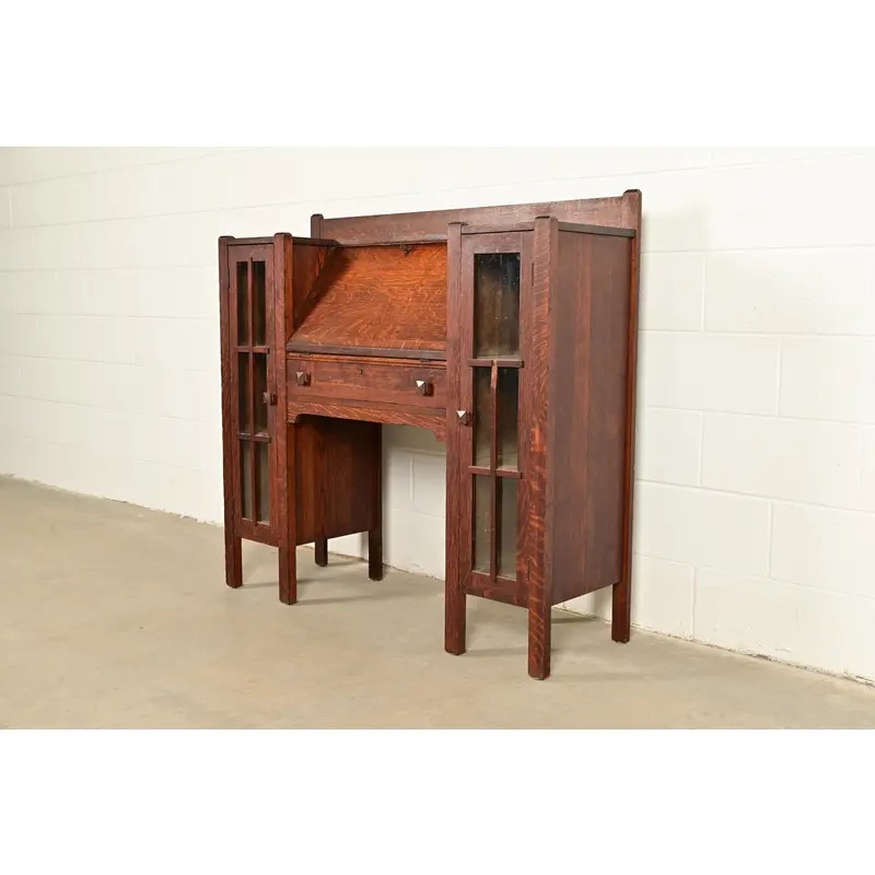 Stickley Brothers Style Antique Mission Oak Arts & Crafts Double Bookcase With Drop Front Secretary Desk, Circa 1910 - Image 3