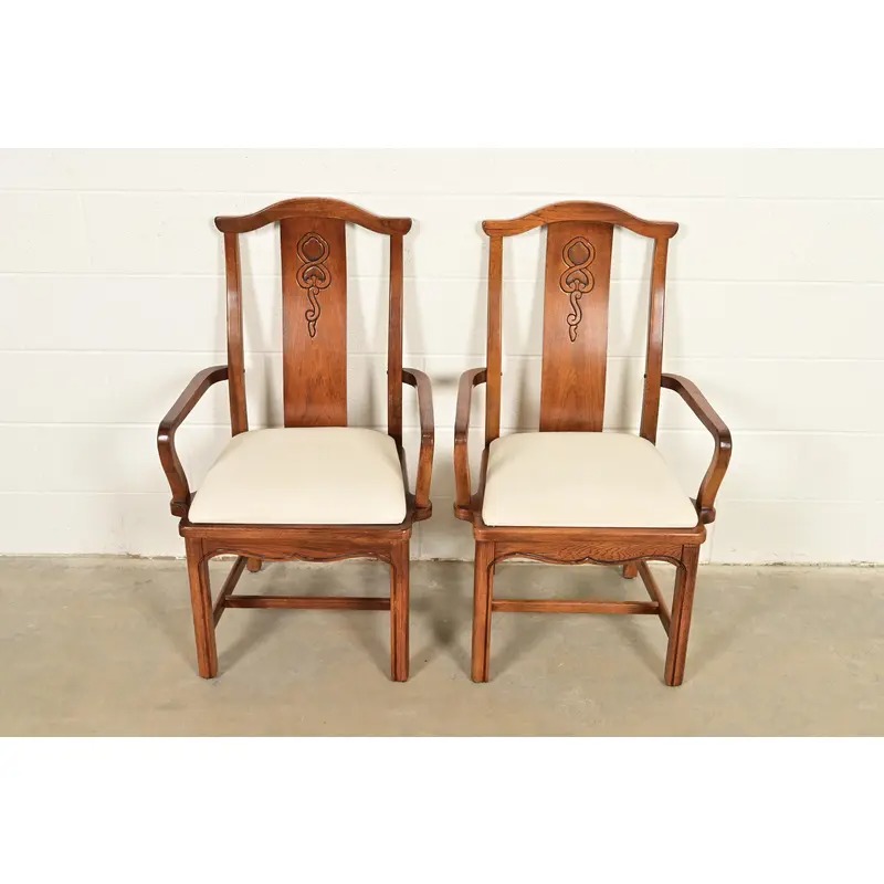 Thomasville Mid-Century Hollywood Regency Chinoiserie Carved Walnut Armchairs, Pair - Image 3