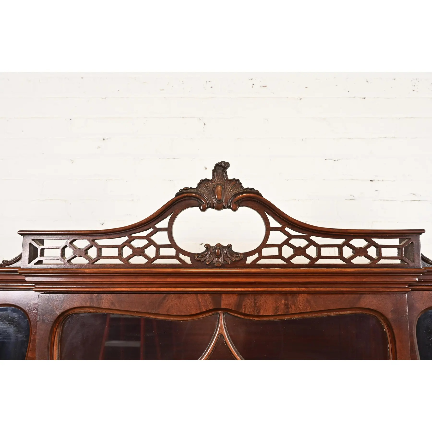 Romweber Antique French Provincial Louis XV Carved Mahogany Breakfront Bookcase Cabinet, Circa 1920s - Image 6