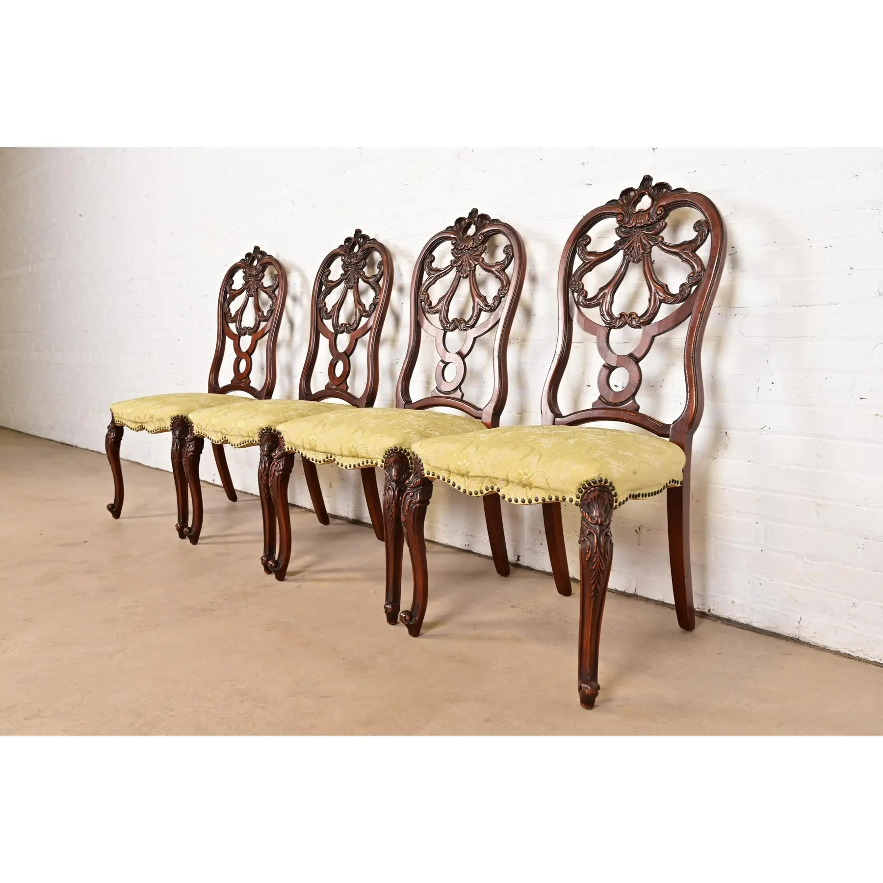 Romweber Antique French Provincial Louis XV Carved Walnut Dining Chairs, Set of Four - Image 3