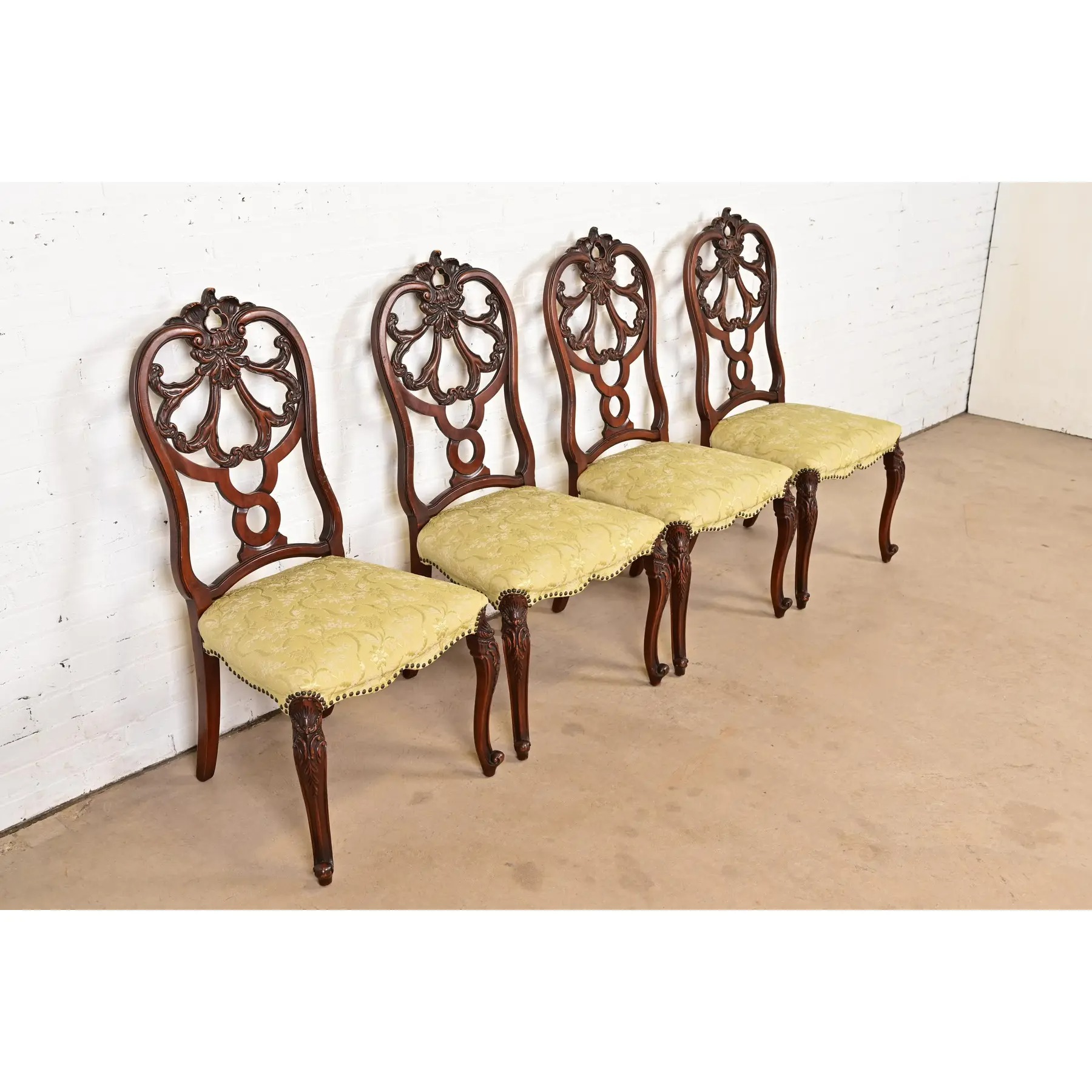 Romweber Antique French Provincial Louis XV Carved Walnut Dining Chairs, Set of Four - Image 4