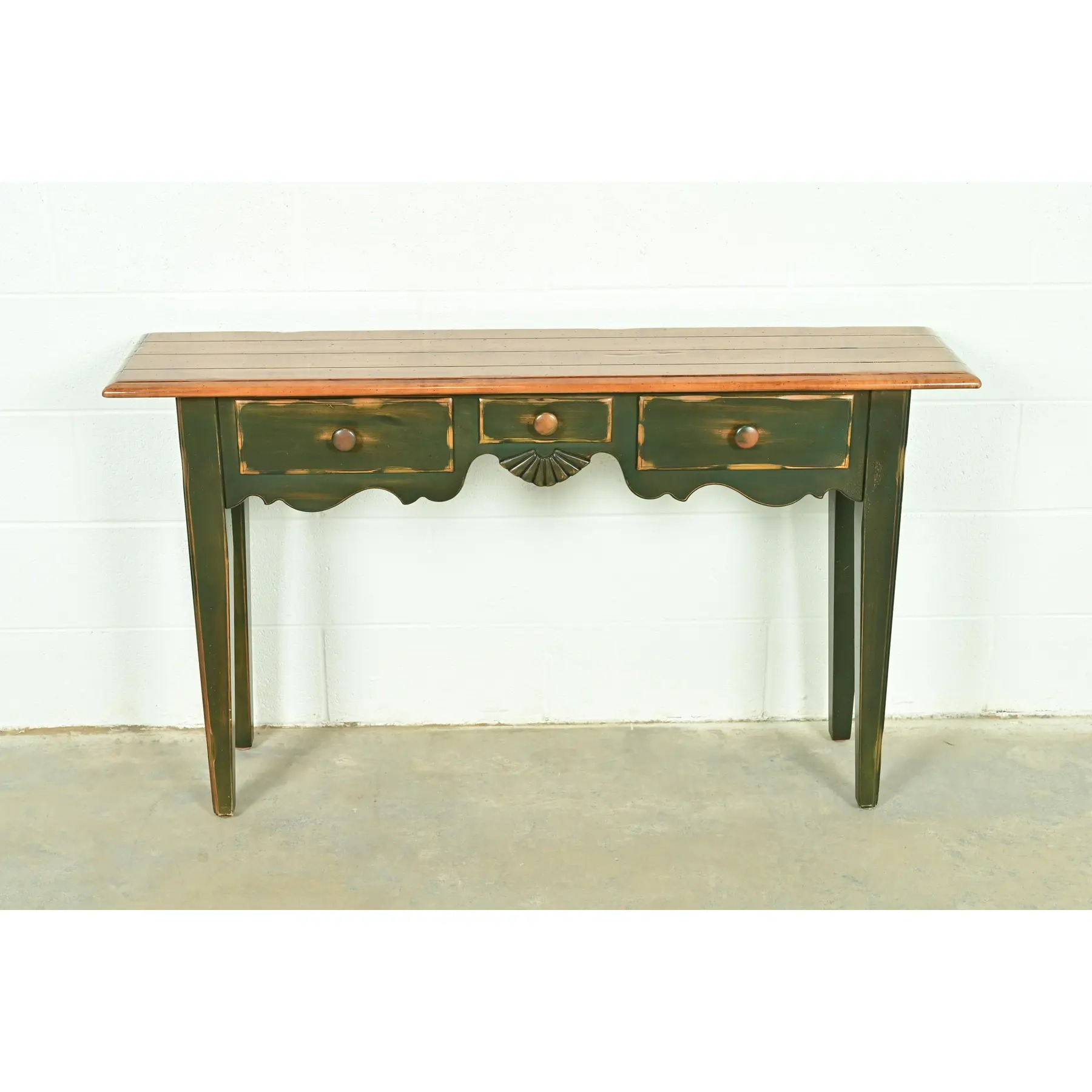 French Country Green Painted Maple Console Table or Entry Table by Virginia House - Image 2
