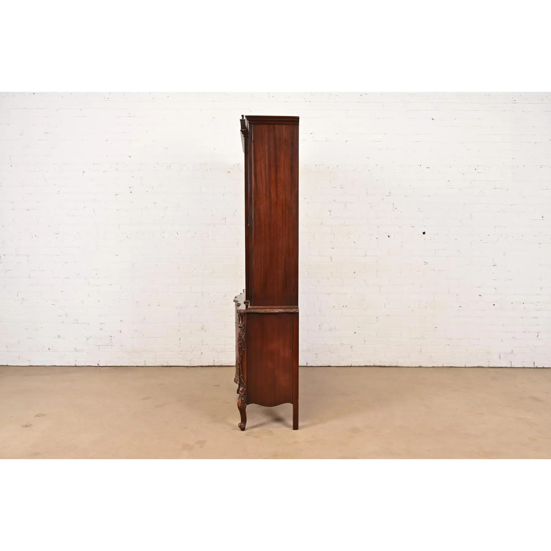 Romweber Antique French Provincial Louis XV Carved Mahogany Breakfront Bookcase Cabinet, Circa 1920s - Image 8