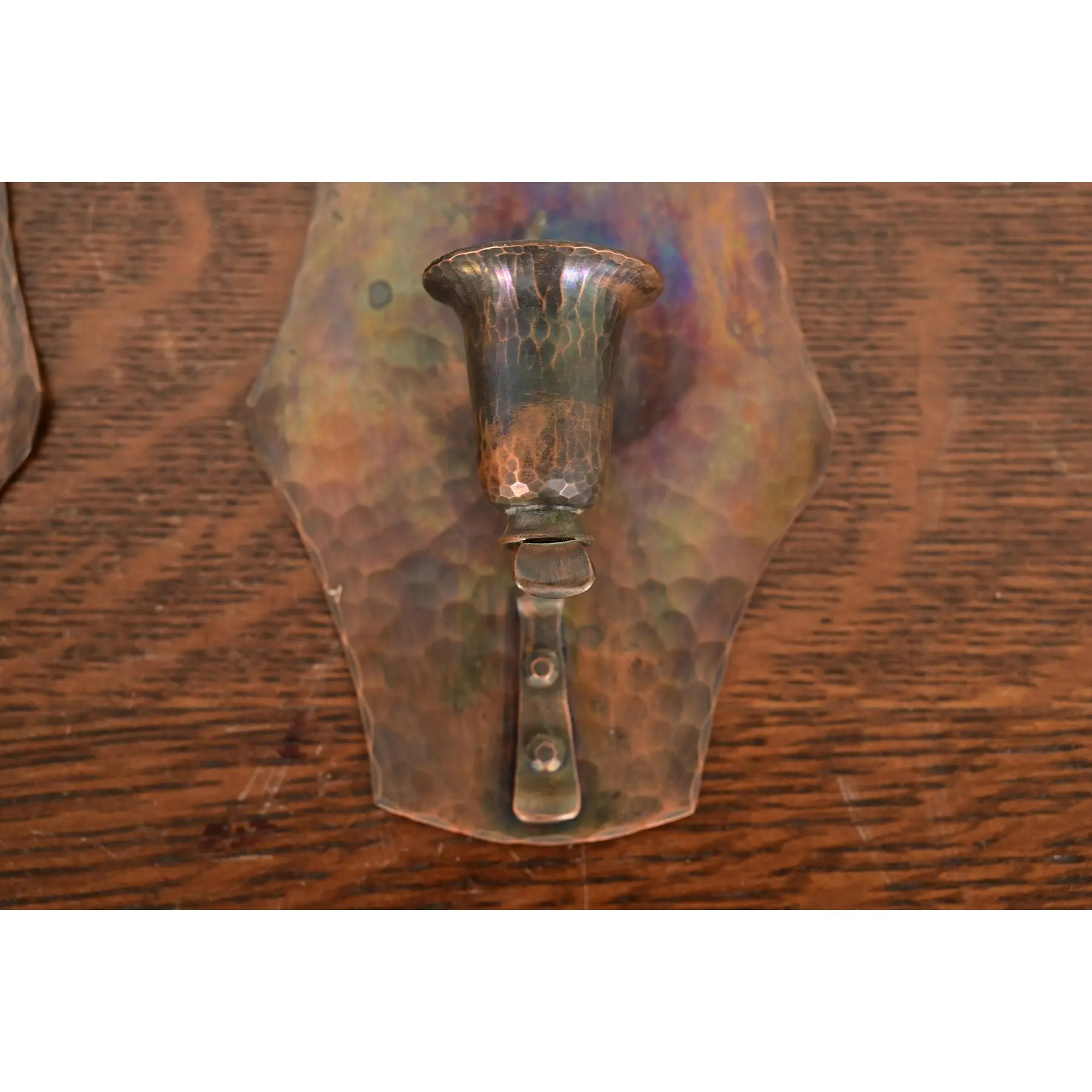Arthur Cole for Avon Coppersmith Arts & Crafts Hammered Copper Candle Wall Sconces, Pair - Image 6