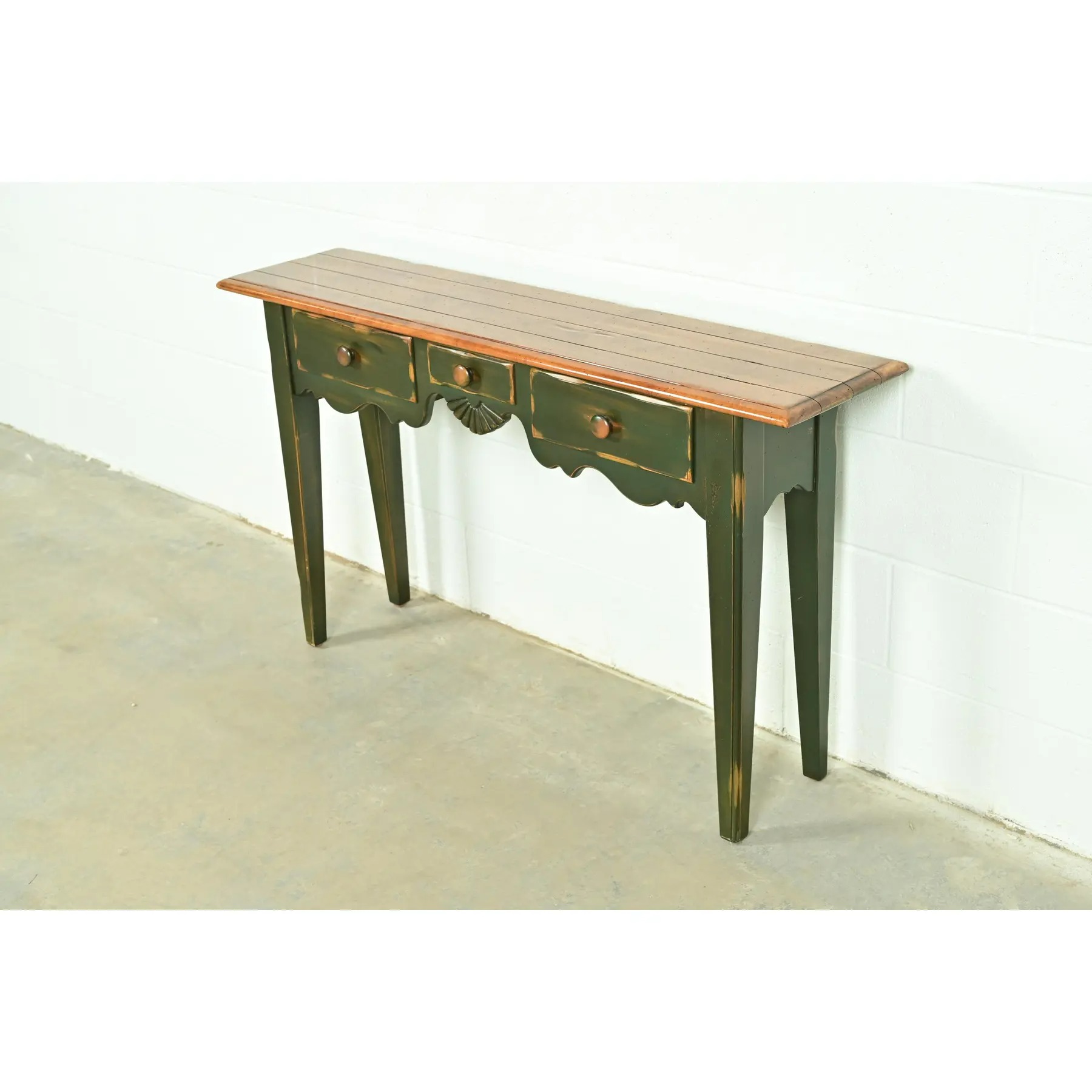 French Country Green Painted Maple Console Table or Entry Table by Virginia House - Image 4