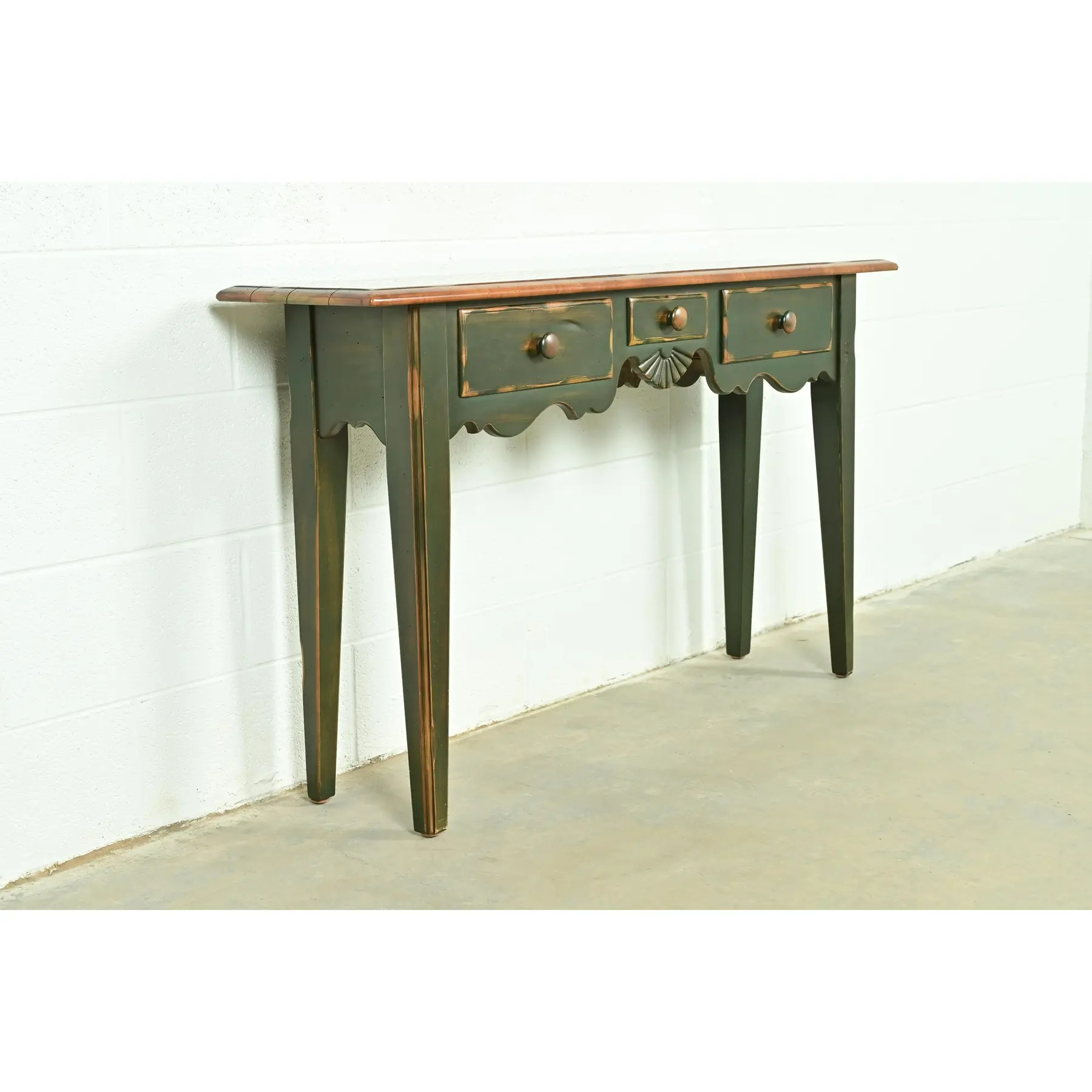 French Country Green Painted Maple Console Table or Entry Table by Virginia House - Image 3