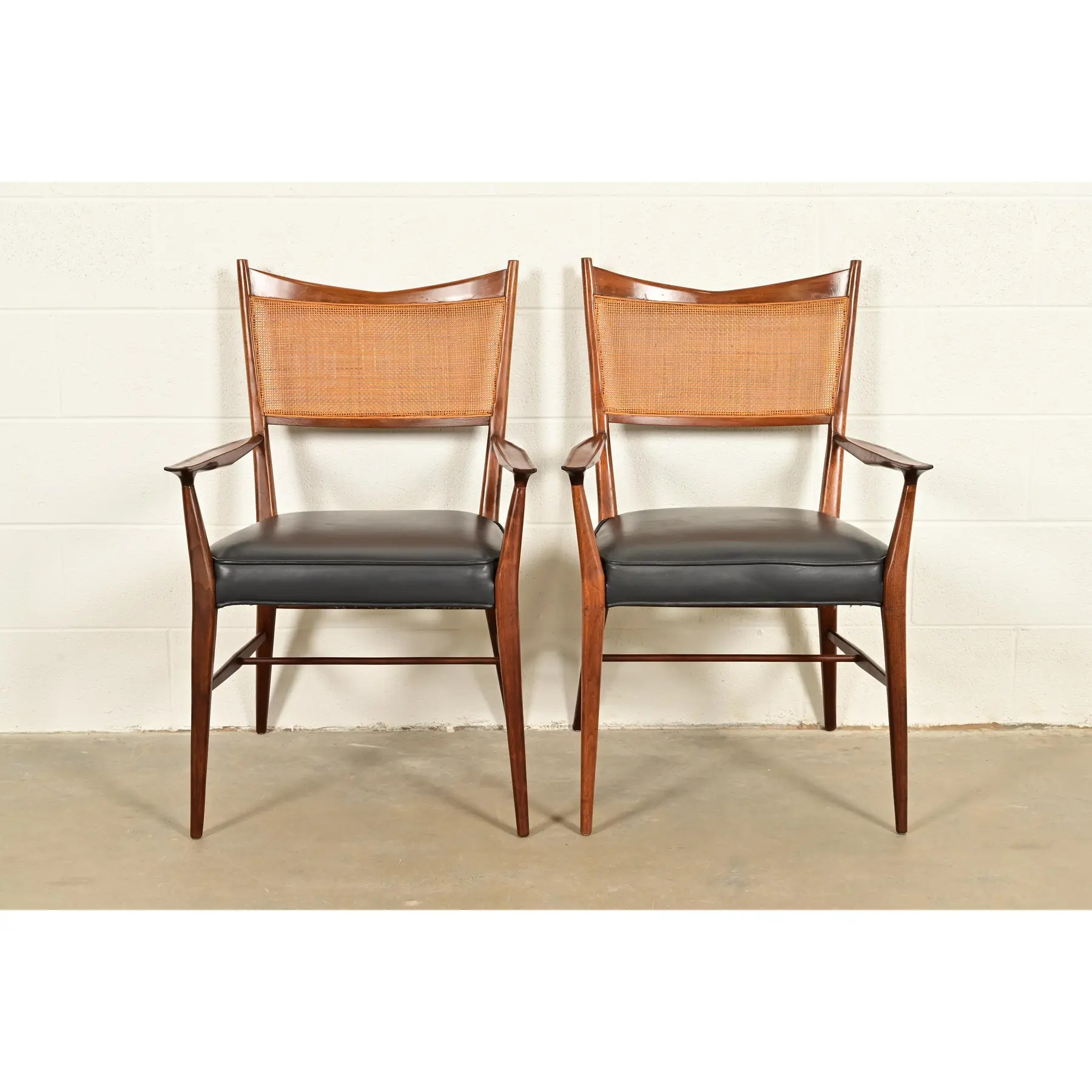 Paul McCobb for Directional Mid-Century Modern Sculpted Walnut Cane Back Armchairs, Pair - Image 2