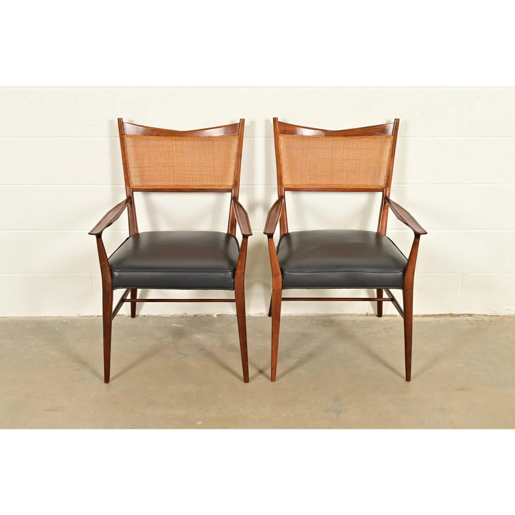 Paul McCobb for Directional Mid-Century Modern Sculpted Walnut Cane Back Armchairs, Pair - Image 3