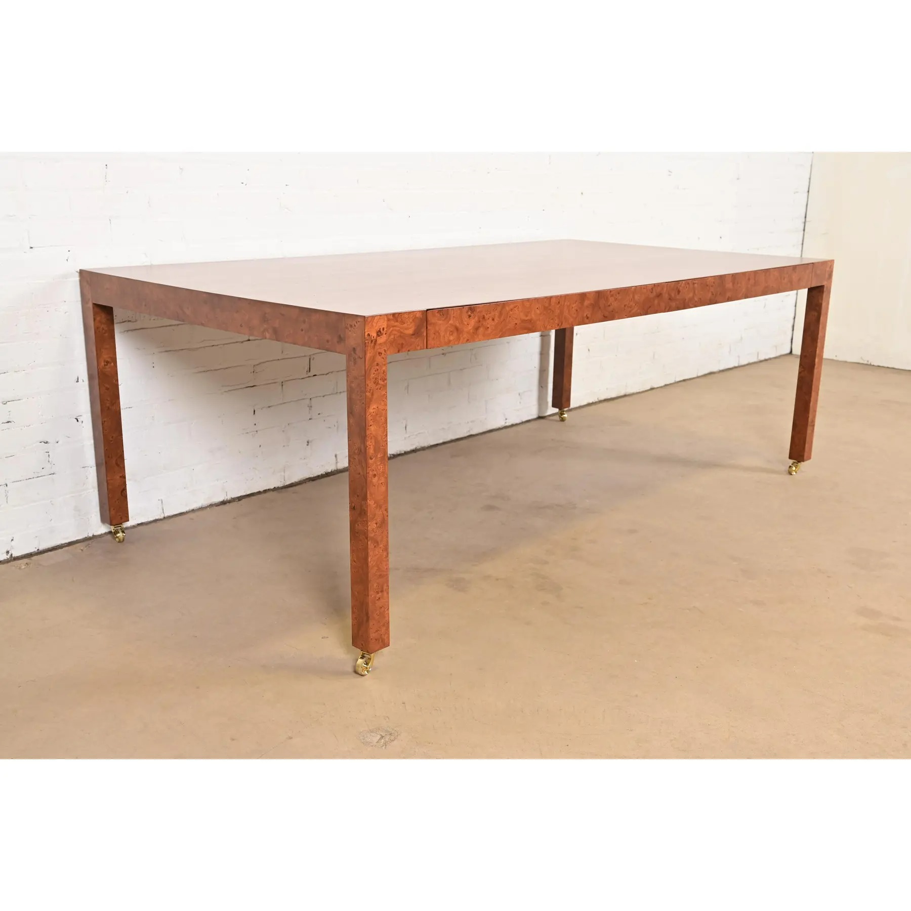 Milo Baughman Style Mid-Century Modern Burl Wood Parsons Dining Table or Executive Desk, Newly Refinished - Image 4