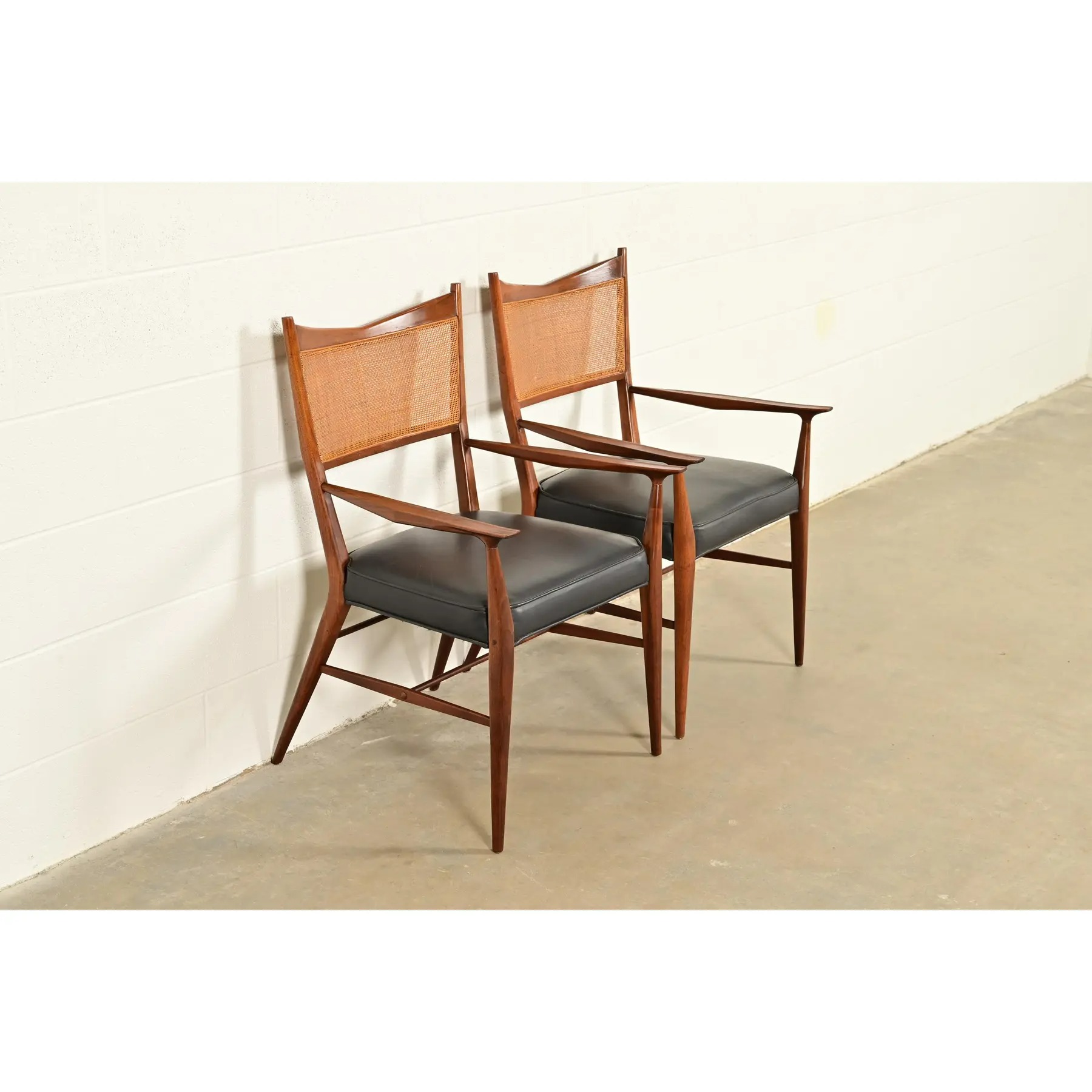 Paul McCobb for Directional Mid-Century Modern Sculpted Walnut Cane Back Armchairs, Pair - Image 4