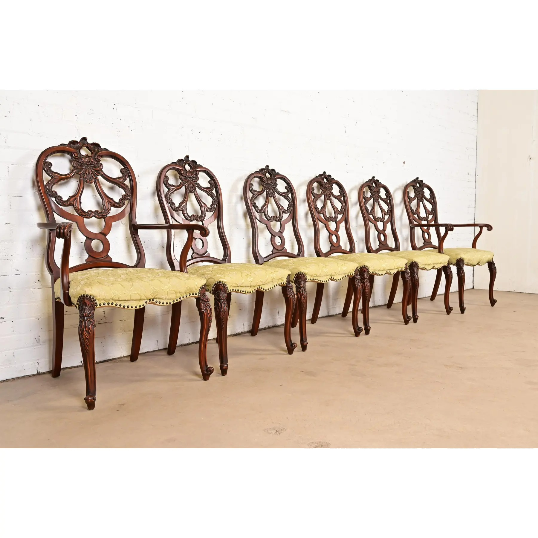 Romweber Antique French Provincial Louis XV Carved Walnut Dining Chairs, Set of Six - Image 4