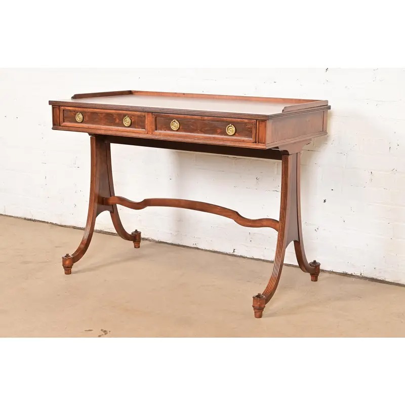 Baker Furniture English Regency Burled Walnut Writing Desk or Console Table, Newly Refinished - Image 4