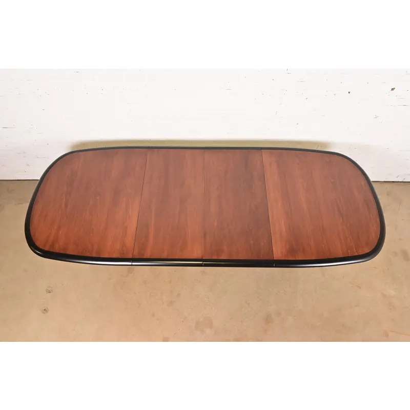 Drexel Heritage Modern Art Deco Walnut and Black Lacquered Double Pedestal Extension Dining Table, Newly Refinished - Image 4