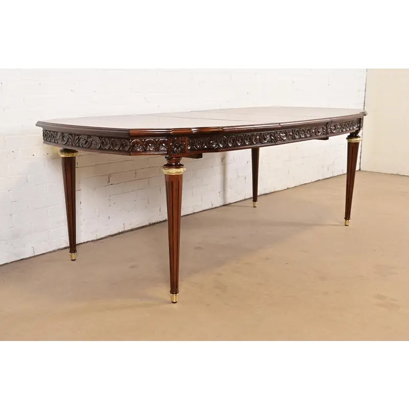 Henredon Style French Regency Louis XVI Carved Mahogany and Burl Wood Extension Dining Table, Newly Refinished - Image 4