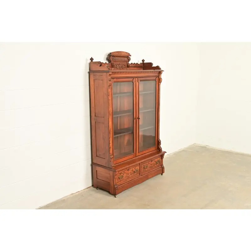 Herter Brothers Style Antique Eastlake Victorian Carved Burled Walnut Bookcase, Circa 1880s - Image 4