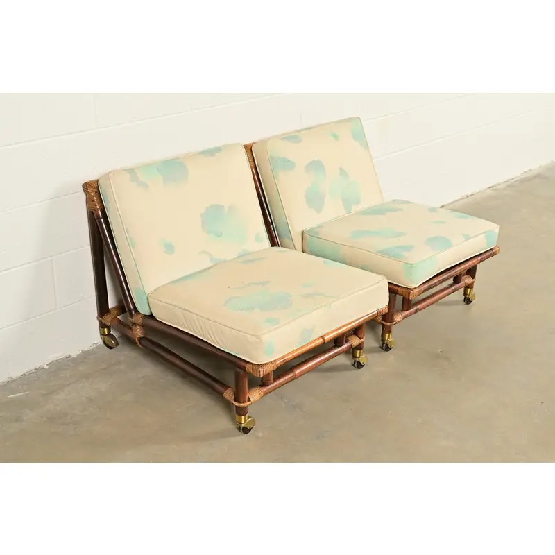 John Wisner for Ficks Reed Mid-Century Hollywood Regency Bamboo Rattan Lounge Chairs, Pair - Image 4