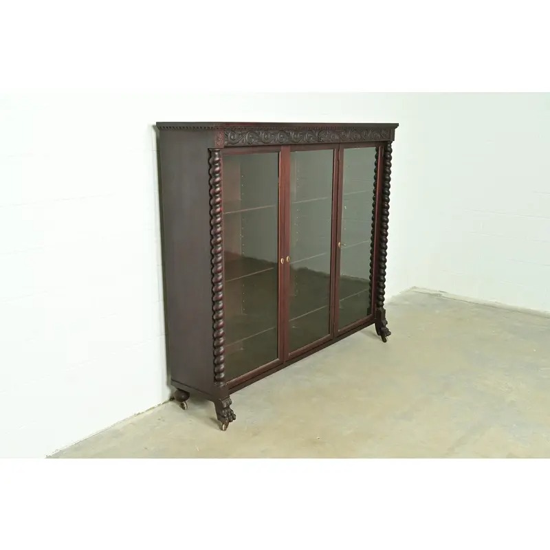 R. J. Horner Style American Empire Carved Mahogany Triple Bookcase With Lion Paw Feet, Circa 1890s - Image 4
