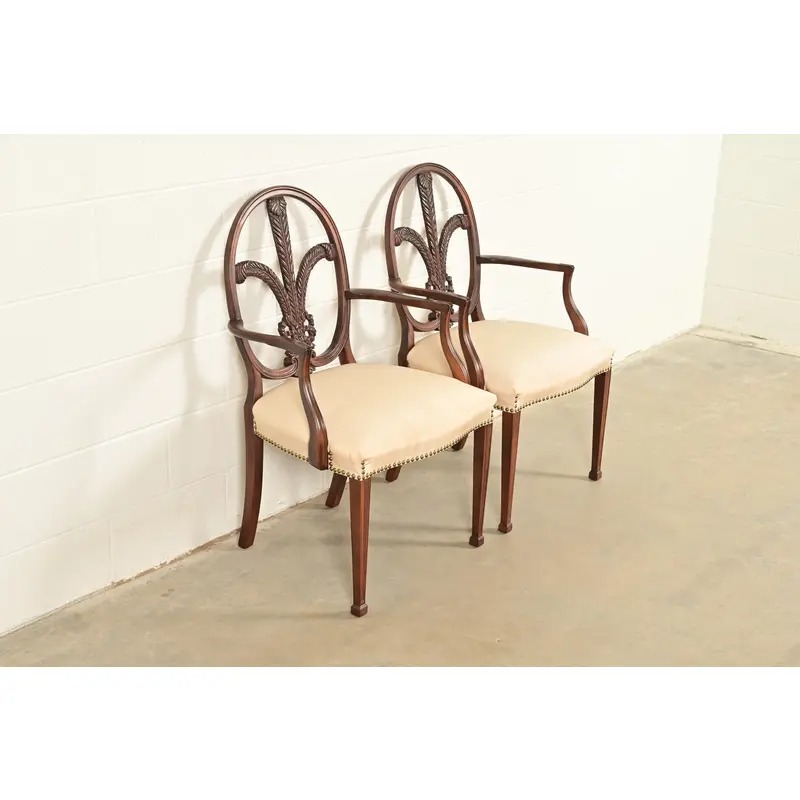 Romweber Antique French Regency Louis XVI Carved Mahogany Armchairs or Dining Chairs, Pair - Image 4
