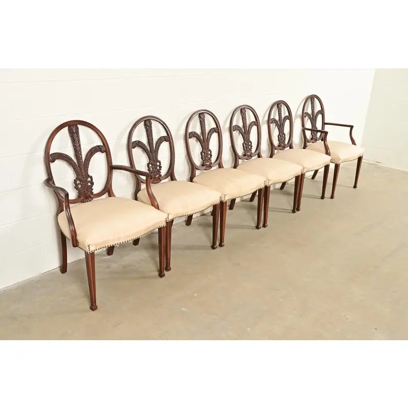Romweber Antique French Regency Louis XVI Carved Mahogany Dining Chairs, Set of Six - Image 4