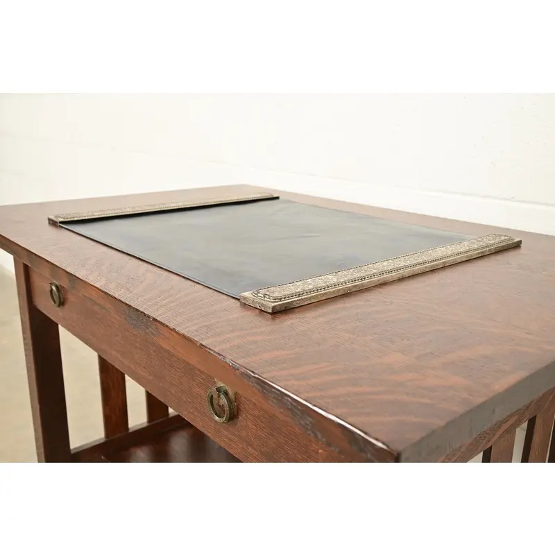 Roycroft Arts & Crafts Silver Finished Hammered Copper Blotter Ends With Leather Desk Blotter - Image 4