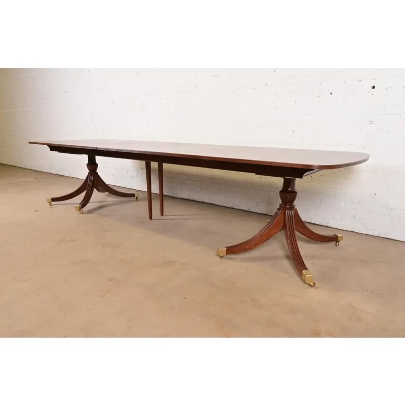 Smith & Watson Georgian Banded Cherry and Burl Wood Double Pedestal Extension Dining Table, Newly Refinished - Image 4