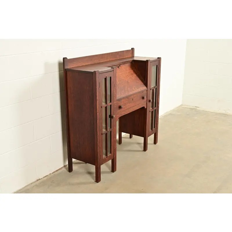 Stickley Brothers Style Antique Mission Oak Arts & Crafts Double Bookcase With Drop Front Secretary Desk, Circa 1910 - Image 4