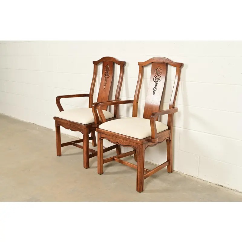 Thomasville Mid-Century Hollywood Regency Chinoiserie Carved Walnut Armchairs, Pair - Image 4