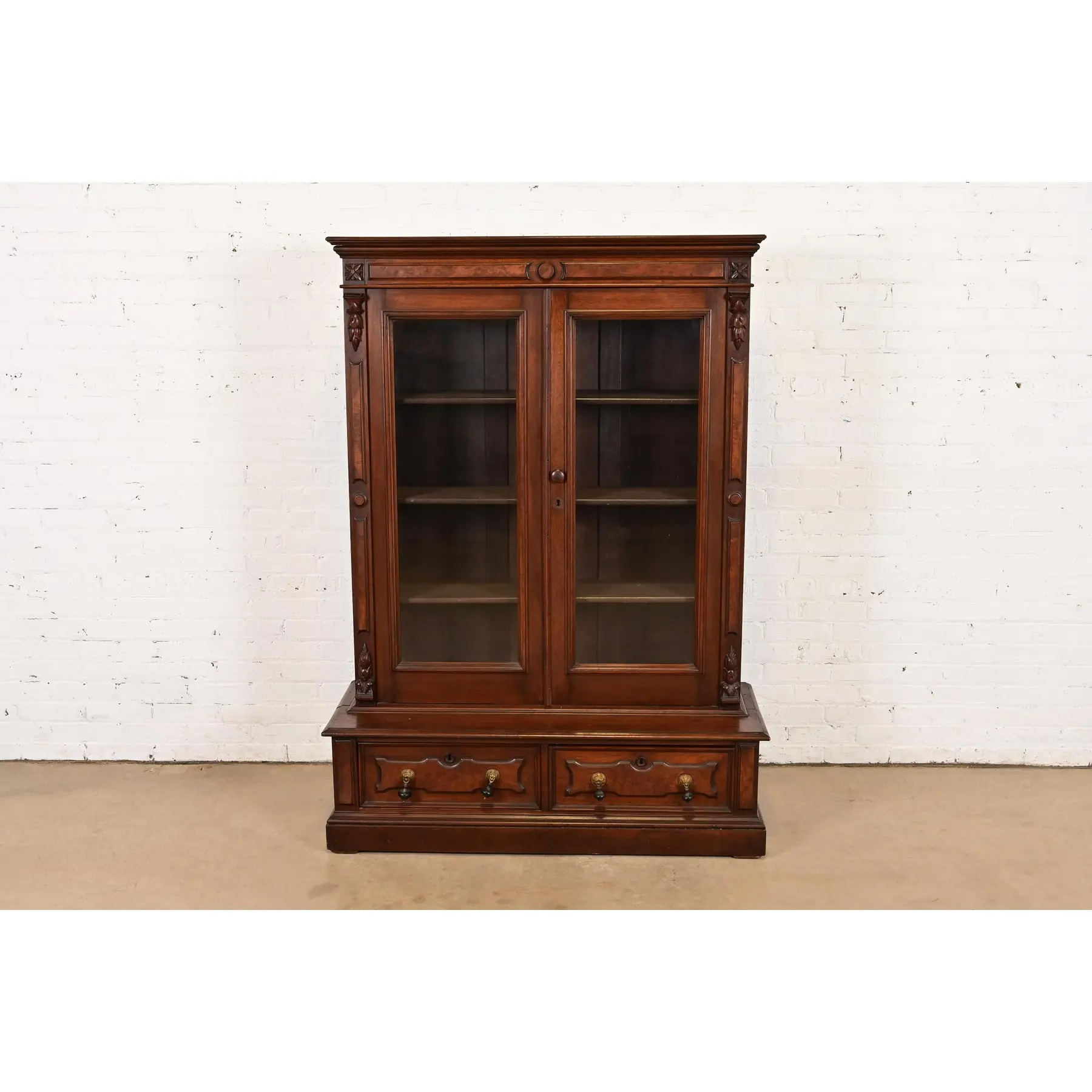 Herter Brothers Style Antique Eastlake Victorian Carved Walnut and Burl Wood Bookcase, Circa 1880s - Image 2