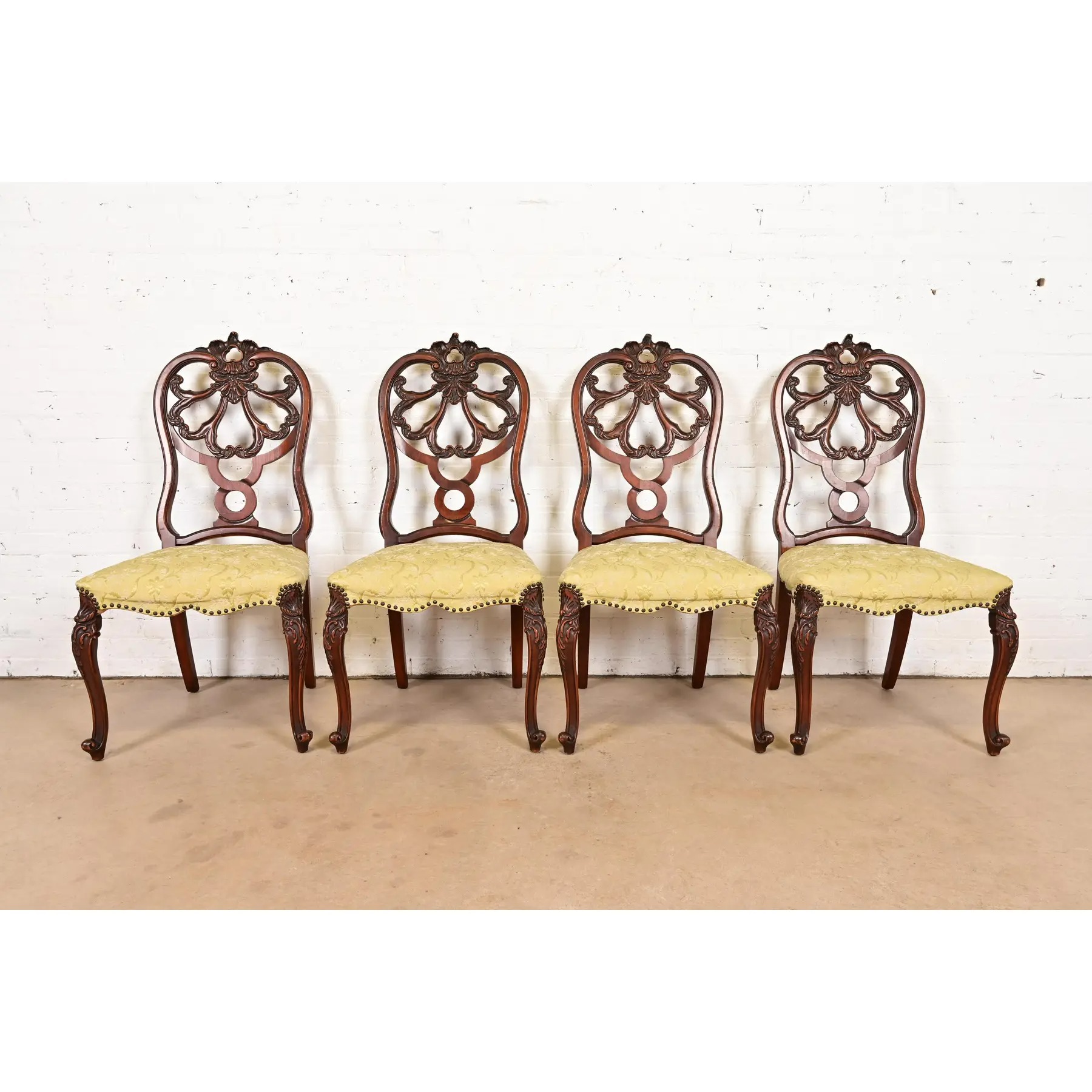 Romweber Antique French Provincial Louis XV Carved Walnut Dining Chairs, Set of Four