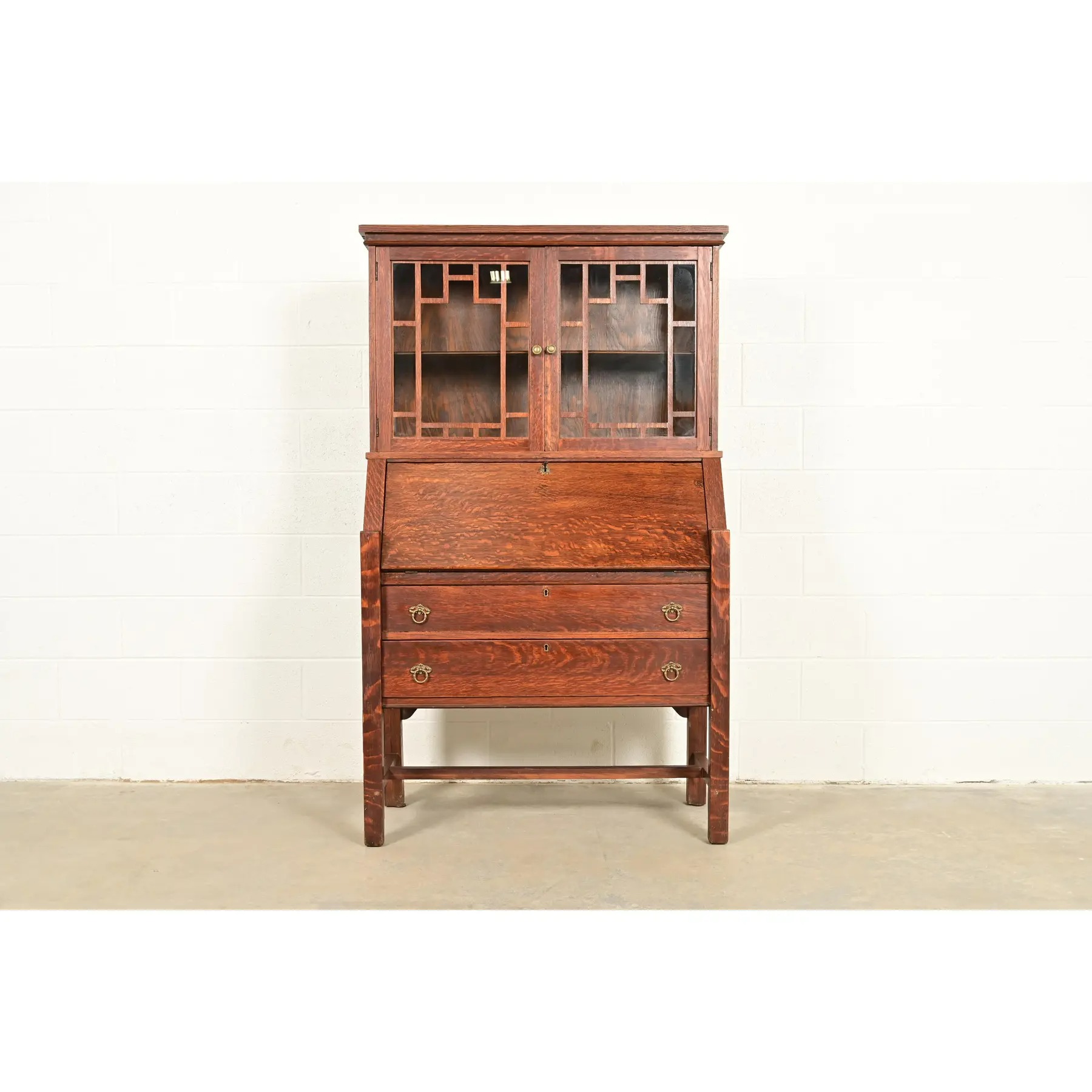 Stickley Brothers Style Antique Mission Oak Arts & Crafts Secretary Desk With Bookcase Hutch, Circa 1910 - Image 3