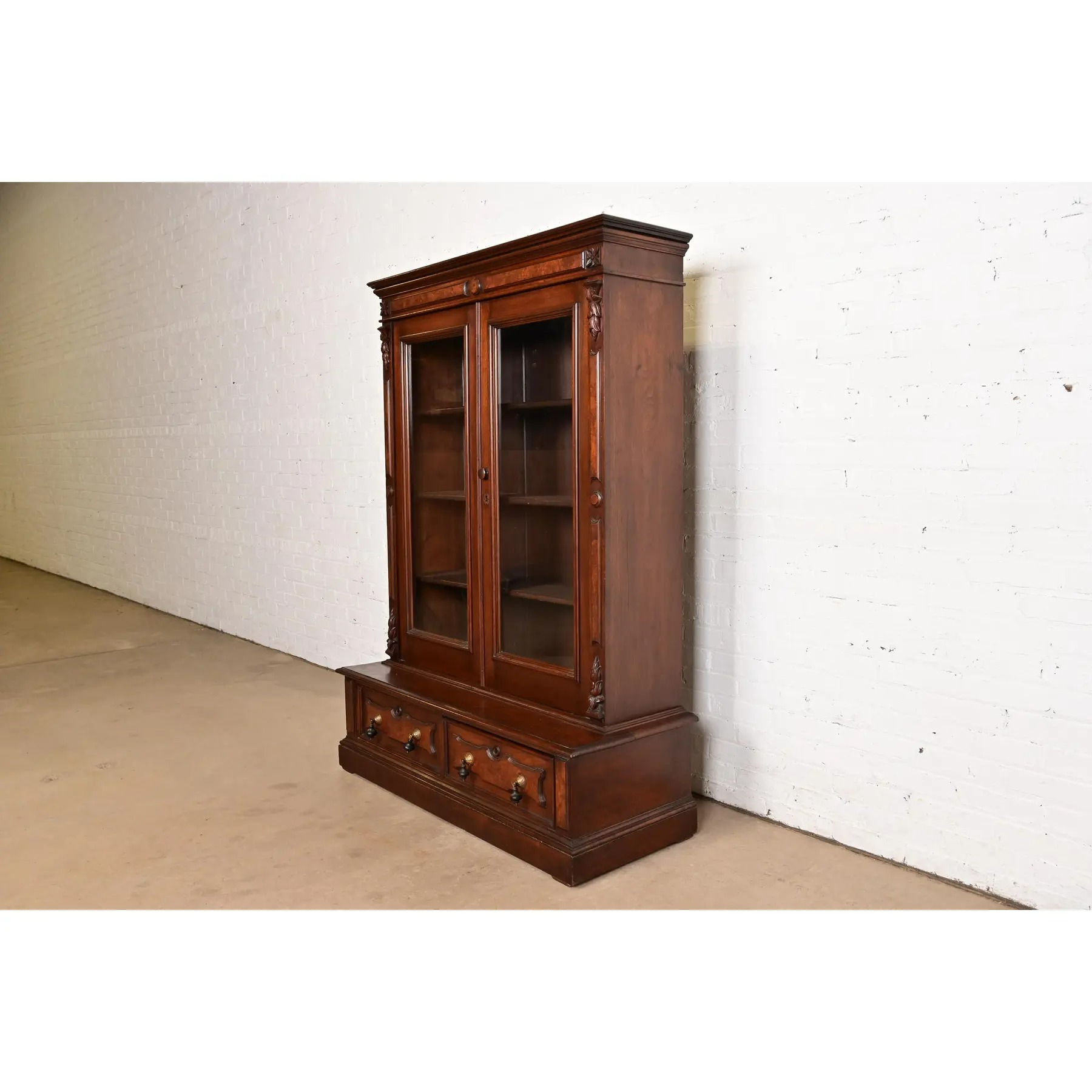Herter Brothers Style Antique Eastlake Victorian Carved Walnut and Burl Wood Bookcase, Circa 1880s - Image 4
