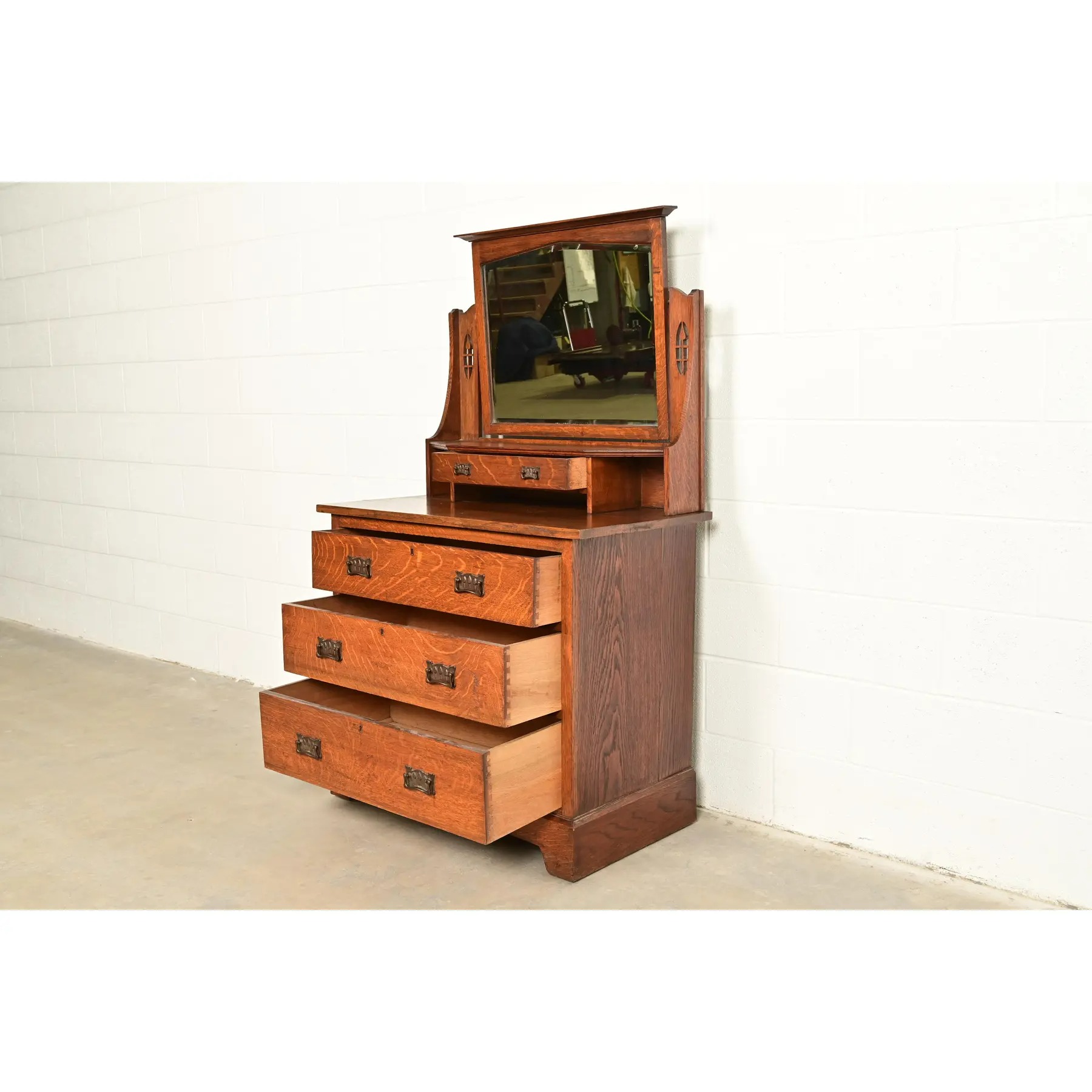 Liberty & Co. Antique English Mission Oak Arts & Crafts Vanity Dresser With Mirror, Circa 1900 - Image 6