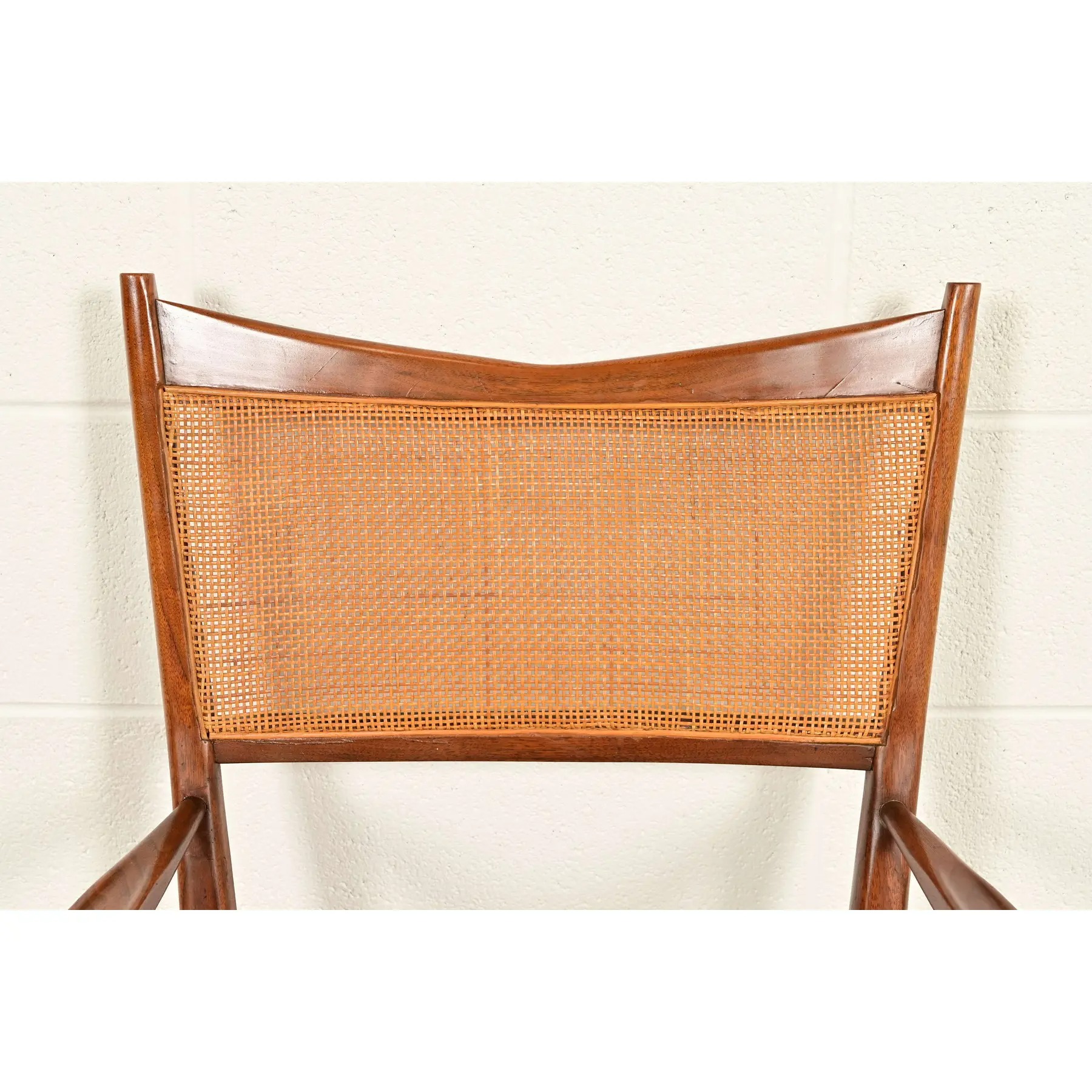 Paul McCobb for Directional Mid-Century Modern Sculpted Walnut Cane Back Armchairs, Pair - Image 6